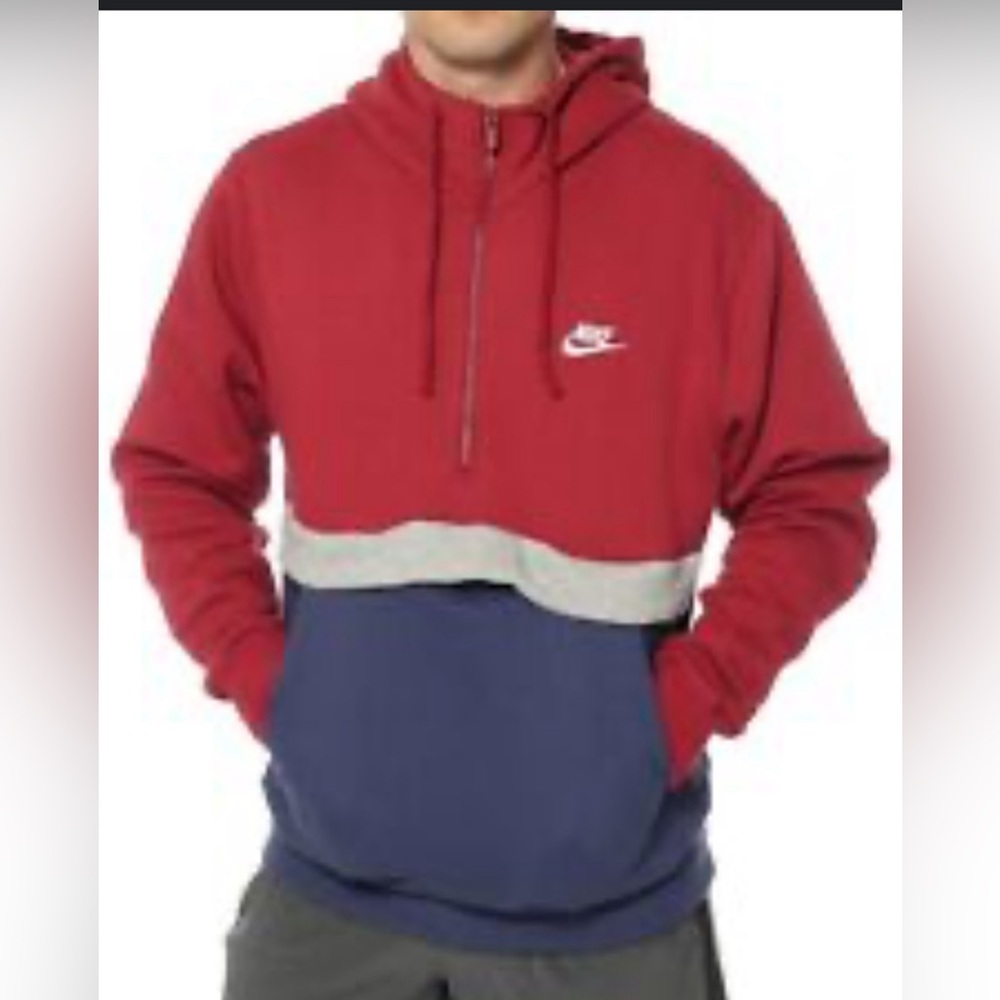 Nike Hoodie Mens Large Red Blue Club Fleece Half Zip Hooded Sweatshirt Sweater